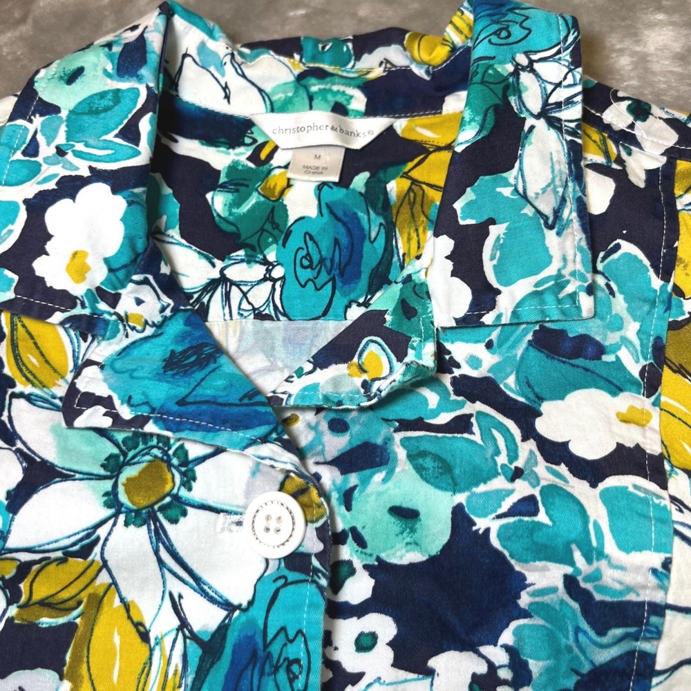 Christopher & Banks Womens Size Medium Floral Jacket Blue Yellow Buttons Stretch - Picture 6 of 12
